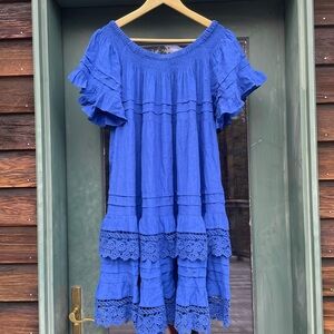 1st Sight Blue Boho Off-The-Shoulder Tiered Ruffle Fairy Babydoll Mini Dress L